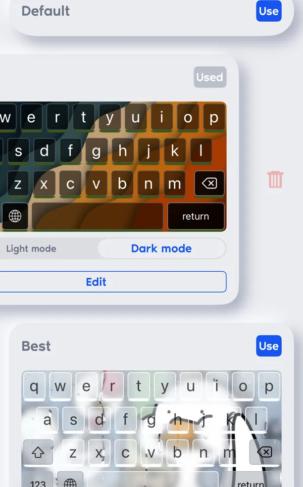 Keyboard designer with saved keyboard themes on photo backgrounds