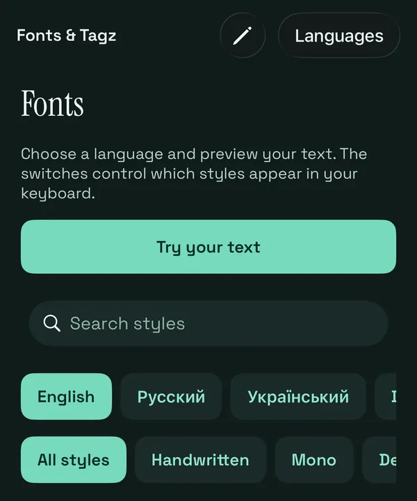 New interface on iPhone: the Fonts screen with a style search and language filters