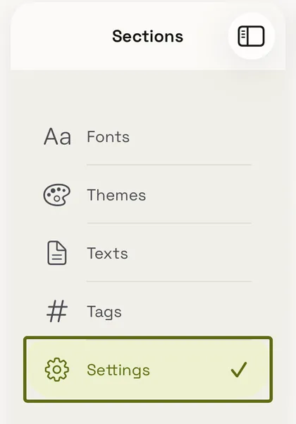 New interface on iPad: the sidebar with Fonts, Themes, Texts, Tags and Settings